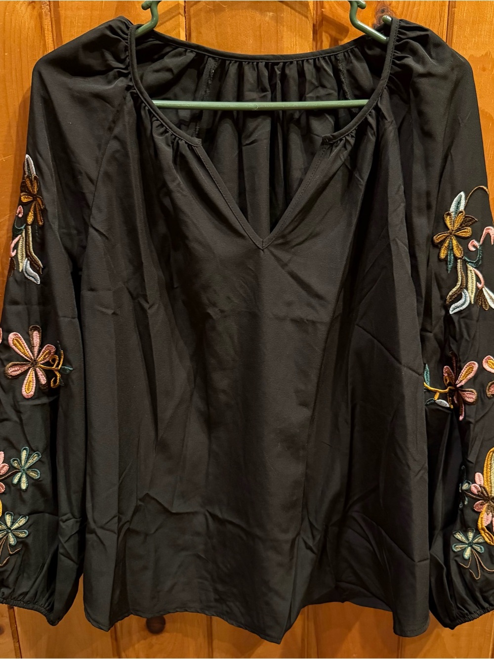 SHEIN Black Peasant Top with Multicolor Floral Embroidery